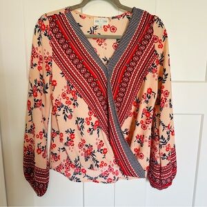 Floral V-Neck Blouse with Red and Cream Accents